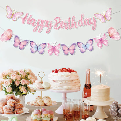 Pink Happy Birthday Banner With Butterflies