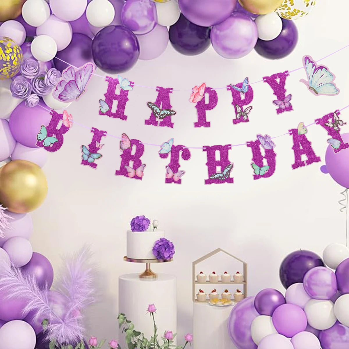 Pink Happy Birthday Banner With Butterfly Dancing Hanging Pendant Garlands  Princess 1st Happy Birthday Party Decorations