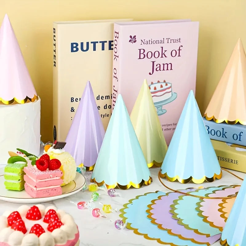 6pcs Elegant Themed Party Hats with Golden Ruffled Edges - Pastel Colors, Perfect for Weddings, Birthdays, Bridal Showers & More