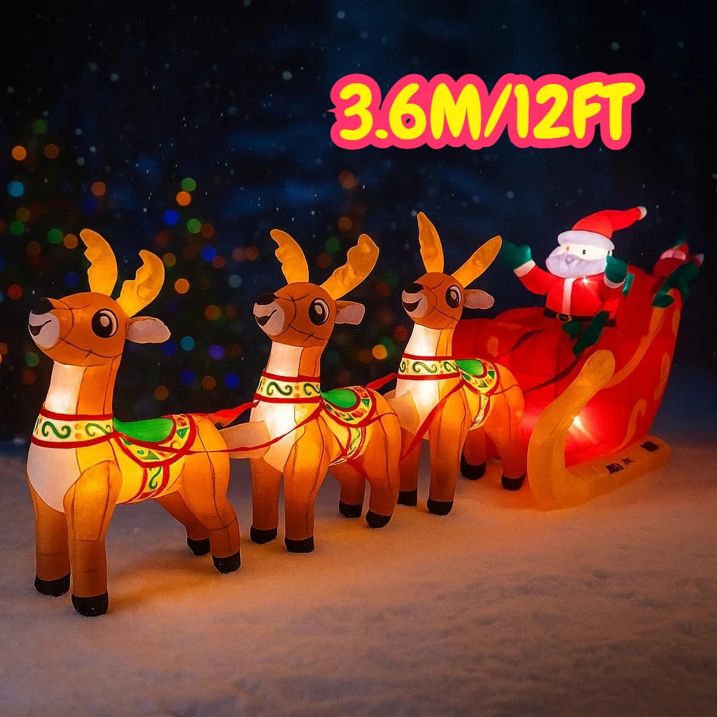 3.6M/12FT Santa Claus Reindeer Sleigh Christmas Decorations Home Inflatable Toys with LED Lights Yard Xmas Party Diy Decor