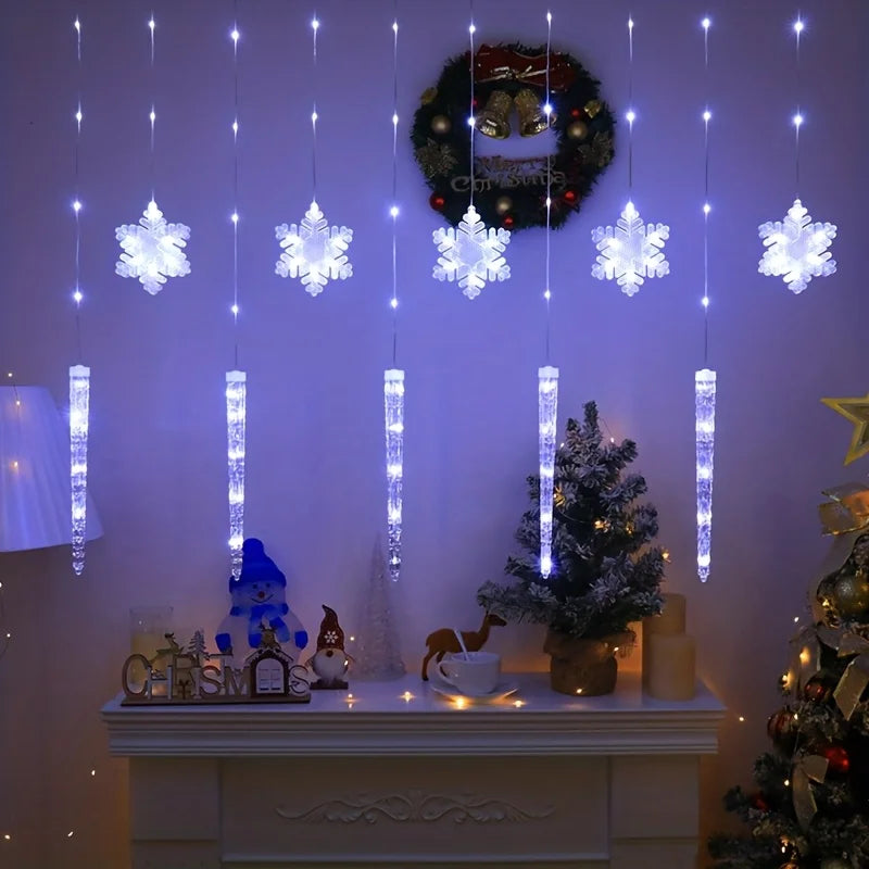 LED Christmas Icicle Snowflake Curtain Lights Indoor & Outdoor, USB Supply + Remote Control, 8 Light Modes, Easy Plug-and-Play