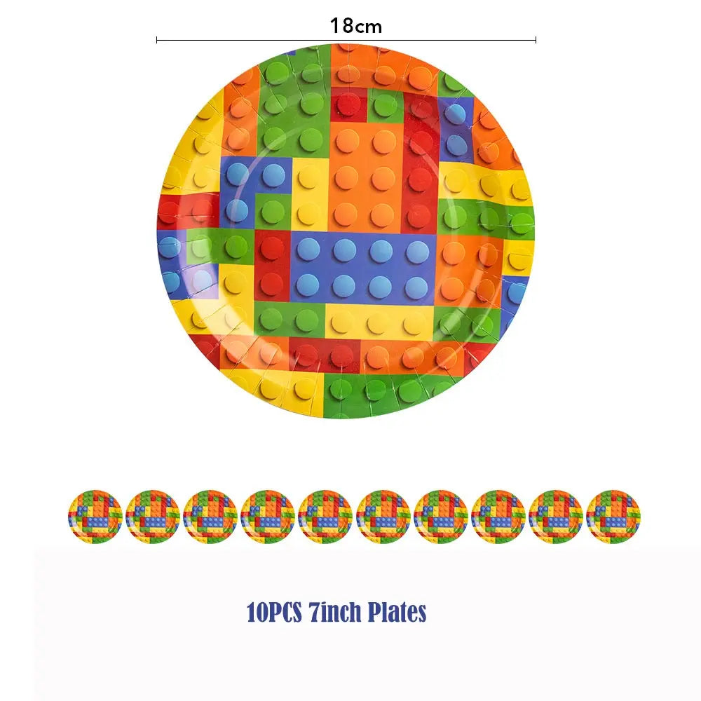Kids Building Blocks Birthday Party Decoration Colorful Building Block Theme Party Supplies Kit Plates Cups Napkins Straw Ballon