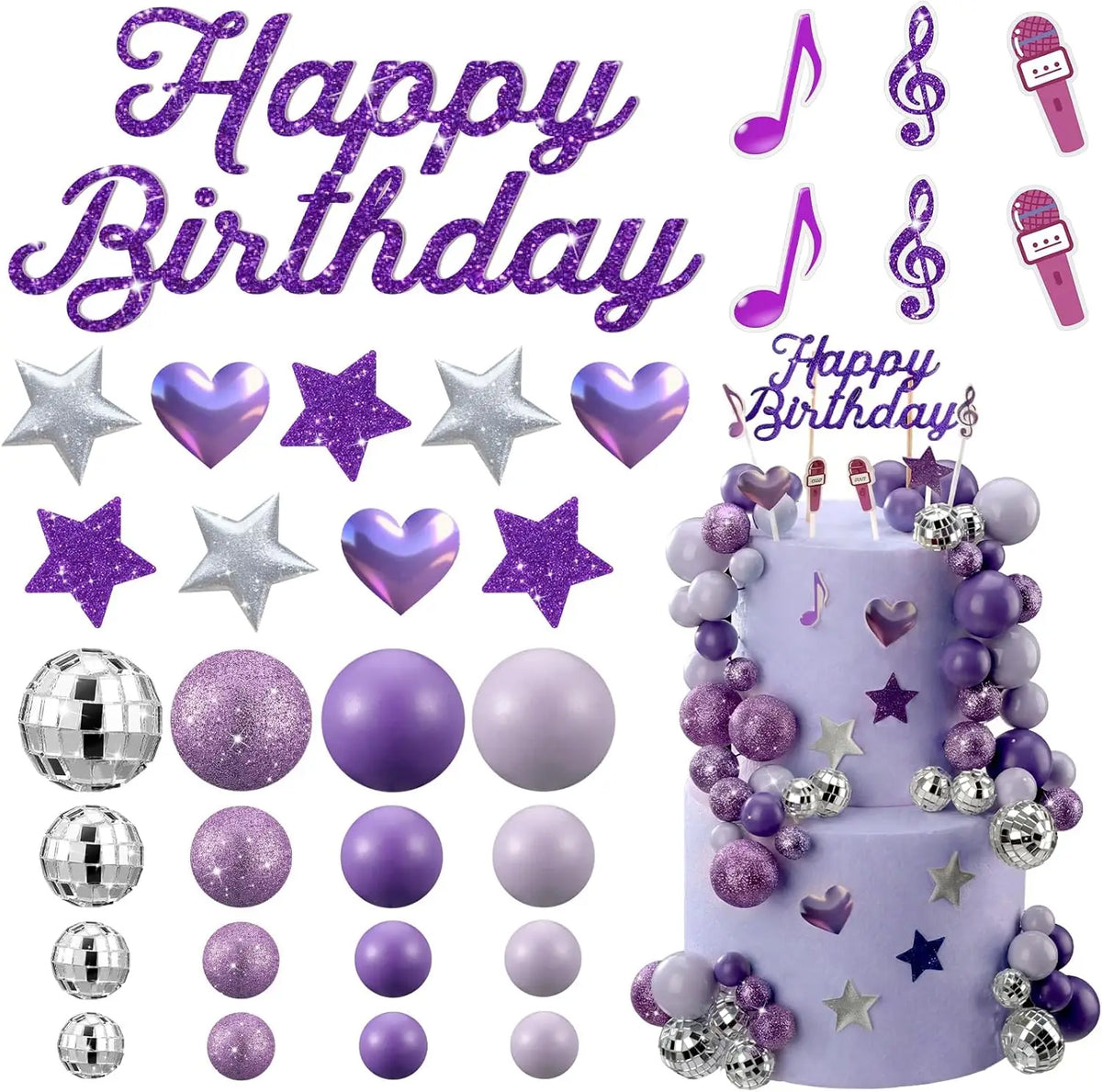 Complete K-Pop Party Cake Topper: Purple Disco Balls, Mic, Hearts & “Happy Birthday” – Music Theme Decor