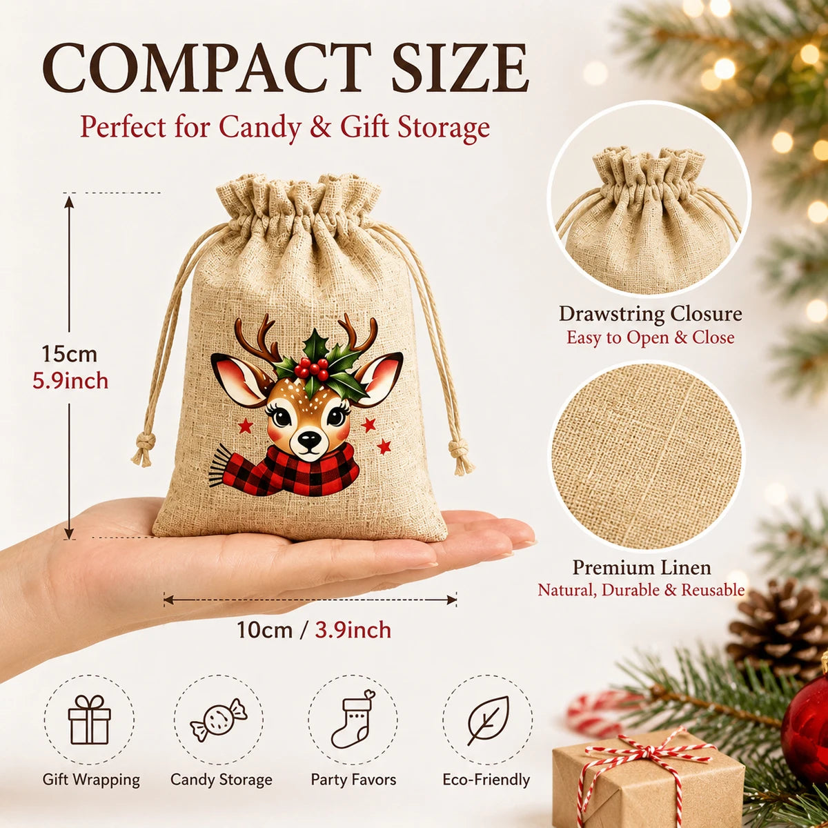 5/20/50PCS Reusable Christmas Drawstring Pouches 5 Festive Linen Look Bags for Candy, Cookies Gift Wrapping and Party Favors Gif
