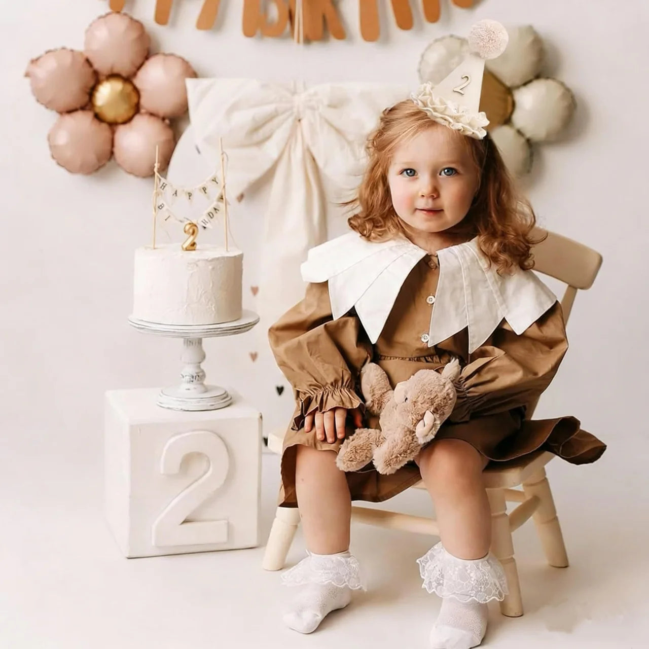 1 Birthday Hat – Neutral One Half Party Crown for Boys & Girls with Handcrafted Pom & Lace Ruffle Party Supplies
