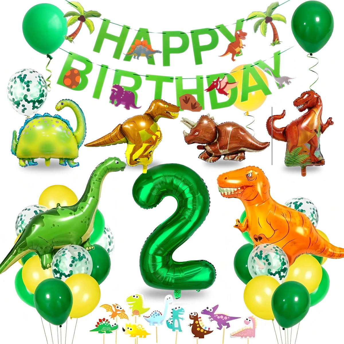 Dinosaur Birthday Party Supplies for Kids Age 2-6, Foil Balloons Set with Banner, Cake Topper, Decorations Kit (Boys & Girls)