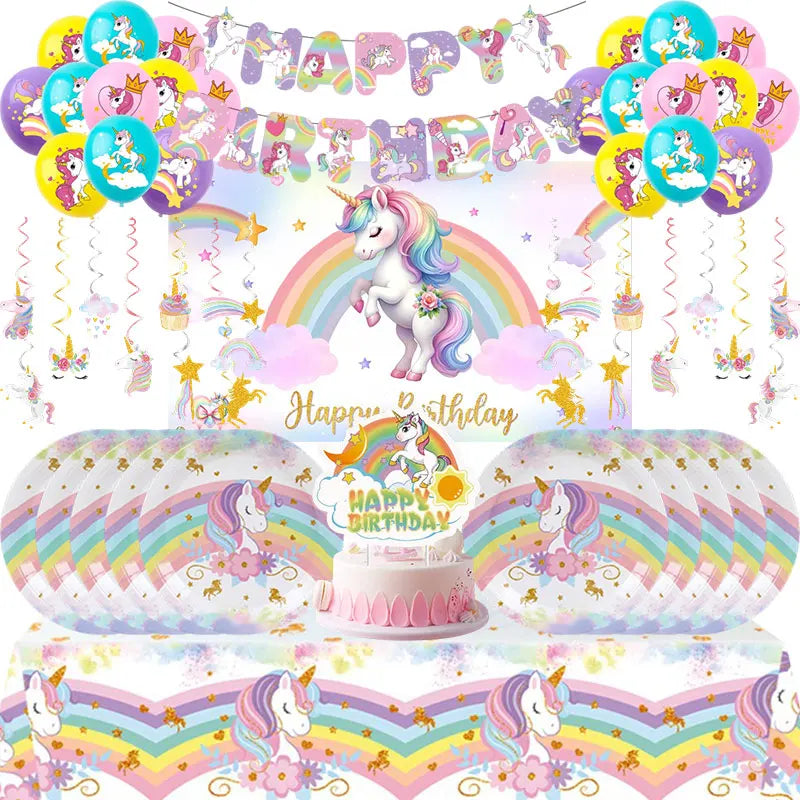Unicorn Girls Birthday Decoration Party Supplies Unicorn Theme Tableware Set Cup Plate Balloon Banner Gift  for Kids Party Favor