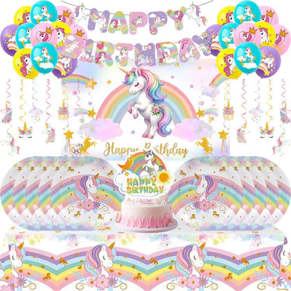 Unicorn Girls Birthday Decoration Party Supplies Unicorn Theme Tableware Set Cup Plate Balloon Banner Gift  for Kids Party Favor