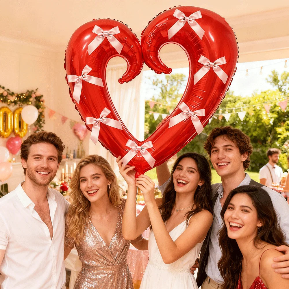 40inch Giant Heart-Shaped Foil Balloon with Pink Bows Multi-Colored for Valentine's Day Wedding Birthday Party Decor Photo Props