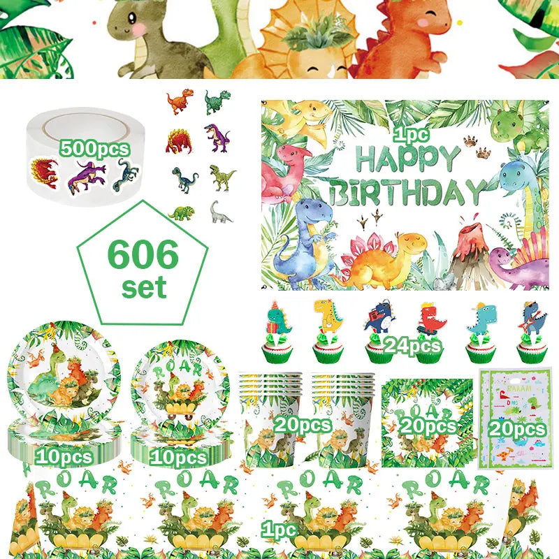 Dinosaur Birthday Decoration Party Supplies Set Cup Plate Tablecloth Dinosaur Balloons Happy Banner Cake Topper for Kids Favors