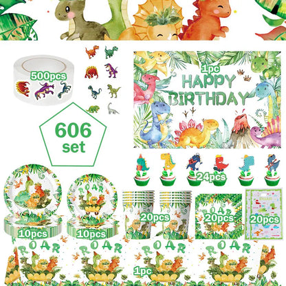 Dinosaur Birthday Decoration Party Supplies Set Cup Plate Tablecloth Dinosaur Balloons Happy Banner Cake Topper for Kids Favors