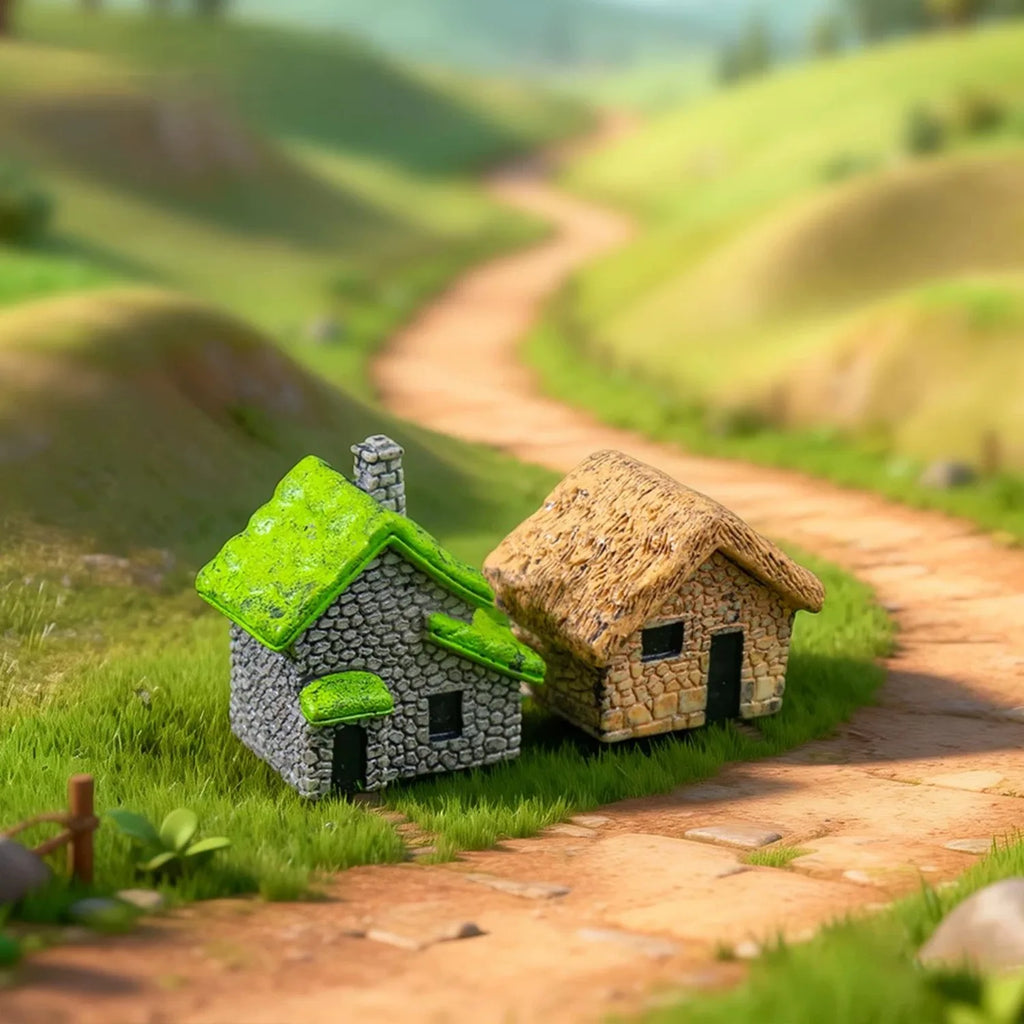 6Pcs Miniature Retro Village Thatched House Figurines, Mini Resin Cottage Ornaments for  Miniature Garden, Minihouse