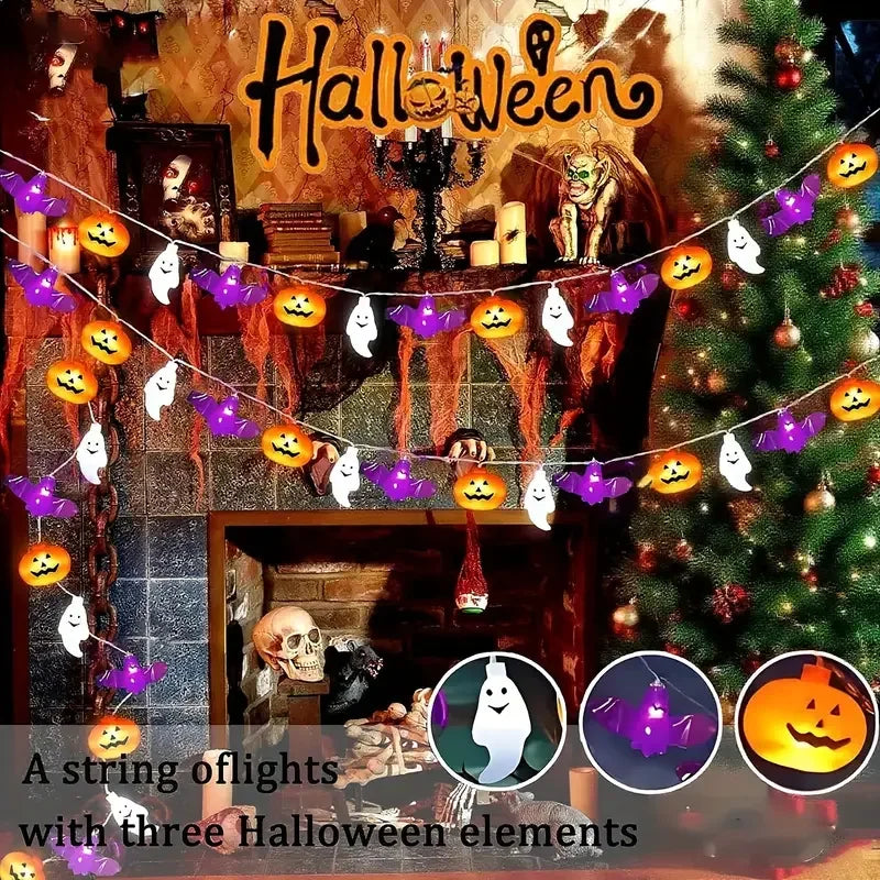 1PC 10/20/40LEDS Halloween String Lights  Battery Operated Pumpkin Bat Ghost Indoor Home Courtyard Halloween Decorative Lights