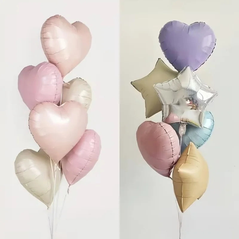 7Pcs 18" Cream Pink Heart Star Foil Balloons with Ribbon for Wedding, Birthday & Party Decor