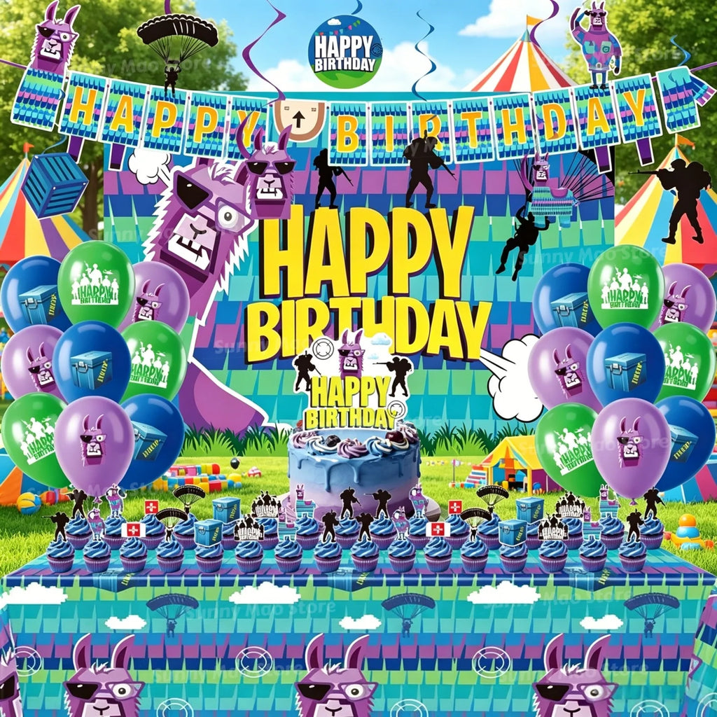 Fortnite Birthday Party Decoration Set for Boys Balloons Banner Cake Topper Tablecloth Backdrop Baby Shower Cartoon Alpaca Decor