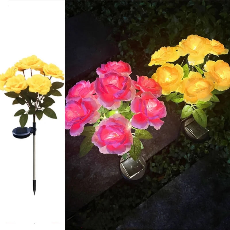 7-Head Solar-Powered LED Rose Lights Flower Garden Decor Outdoor Pathways Landscaping Light Lawn Decorative Atmosphere Lights
