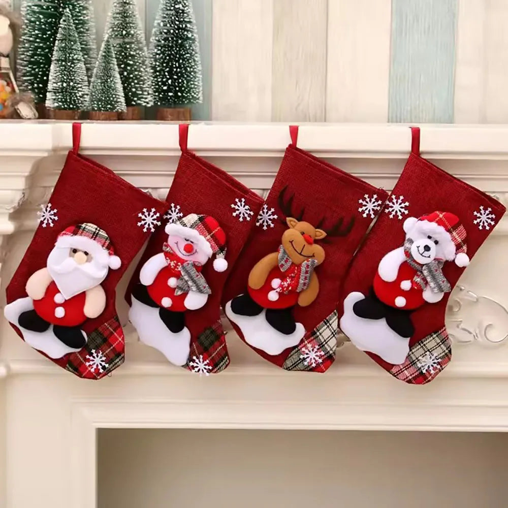 4 Christmas Stockings Socks Santa Snowman Hanging Xmas Tree Ornaments Christmas Decor for Home New Year Navidad Candy Gift Bags