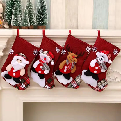 4 Christmas Stockings — Santa & Snowman Hanging Ornaments
