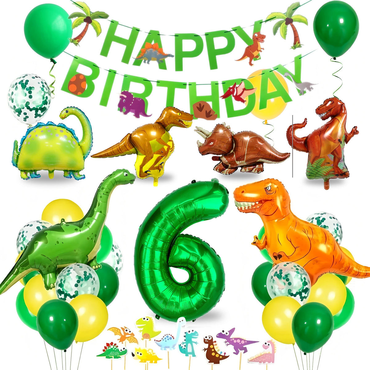 Dinosaur Birthday Party Supplies for Kids Age 2-6, Foil Balloons Set with Banner, Cake Topper, Decorations Kit (Boys & Girls)