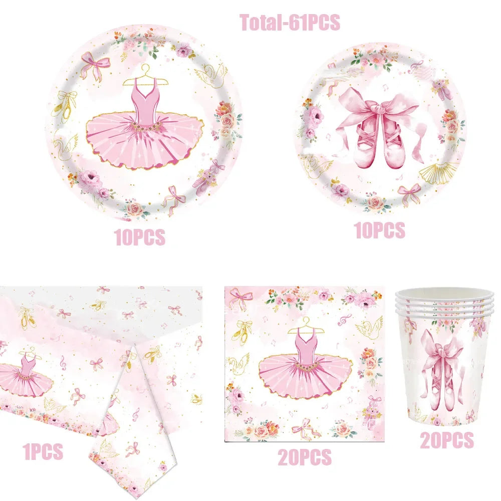 Pink Ballerina Birthday Party Decorations Supplies Ballet Dancer Floral Disposable Tableware Plates Cups Napkins Tablecloth Set