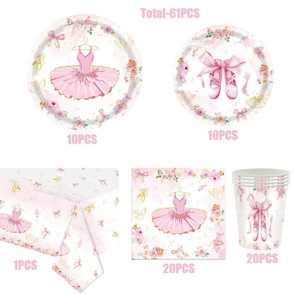 Pink Ballerina Birthday Party Decorations Supplies Ballet Dancer Floral Disposable Tableware Plates Cups Napkins Tablecloth Set