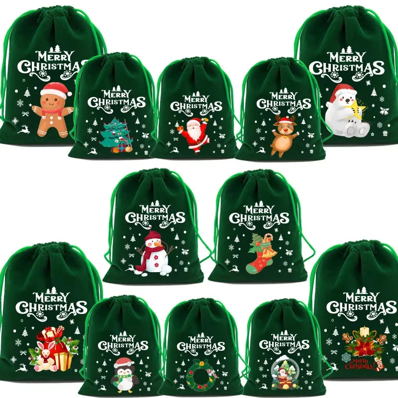 Christmas Velvet Bags Advent Calendar Xmas Gift Bags 9x12 15x20cm Drawstring Pouch Xmas Candy Jewelry Packaging Bags