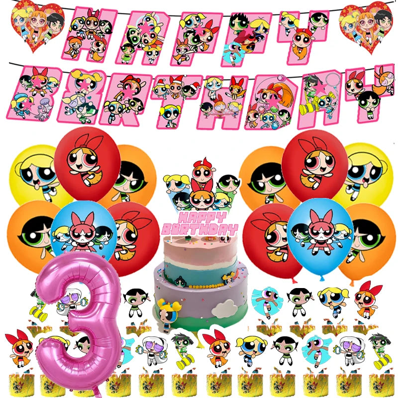 Cartoon Powerpuff Girls 1-9th Birthday Party Balloon Decoration Kit Number Foil Balloon Cake Topper Baby Shower Favors Globos