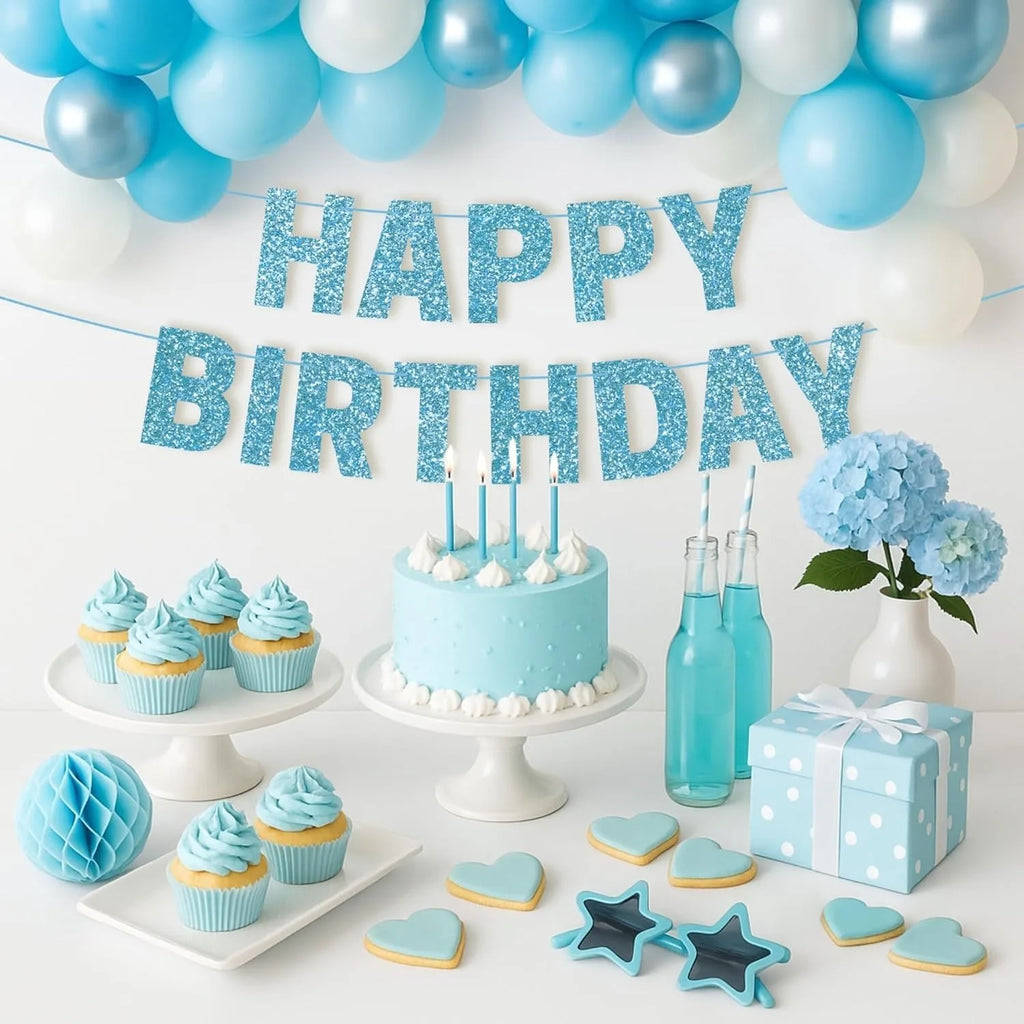 Happy Birthday Banner Glitter Blue Happy Birthday Banner for Birthday Decoration, Party Supplies