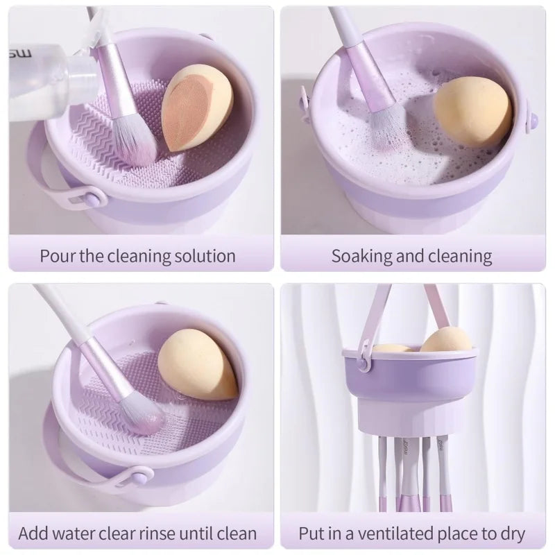 Makeup Brush Cleaning Mat 3-In-1 Silicone Washing Bowl with Brushes Scrubber Foldable Powder Puff Cosmetic Sponge Drying Tools