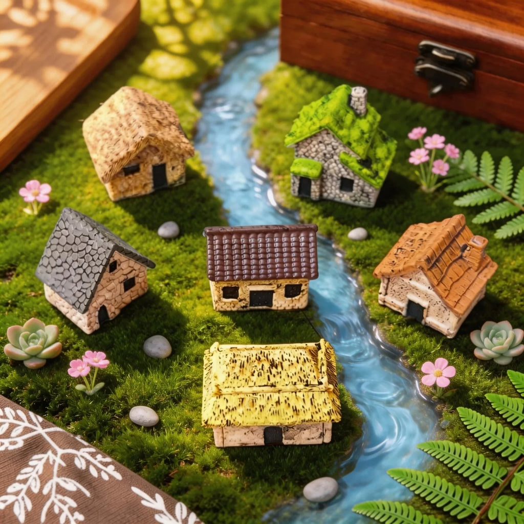 6Pcs Miniature Retro Village Thatched House Figurines, Mini Resin Cottage Ornaments for  Miniature Garden, Minihouse