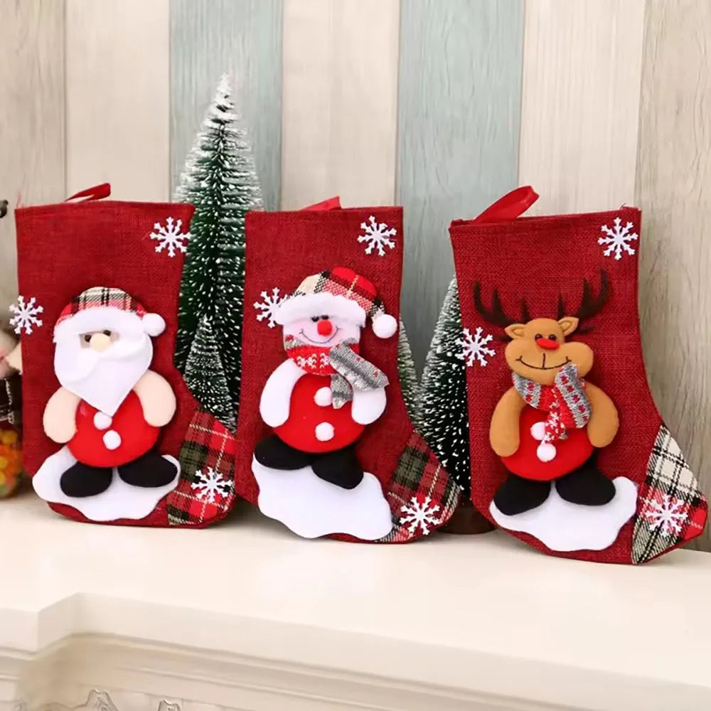 4 Christmas Stockings Socks Santa Snowman Hanging Xmas Tree Ornaments Christmas Decor for Home New Year Navidad Candy Gift Bags