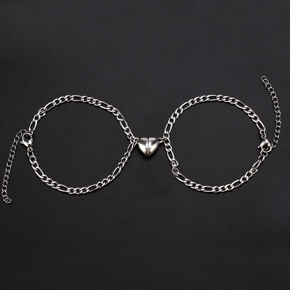 2Pcs/set Magnet Couple Bracelets Heart Attraction Bracelet Stainless Steel Charm Simple Cuban Chains Key Lock Jewelry Gifts