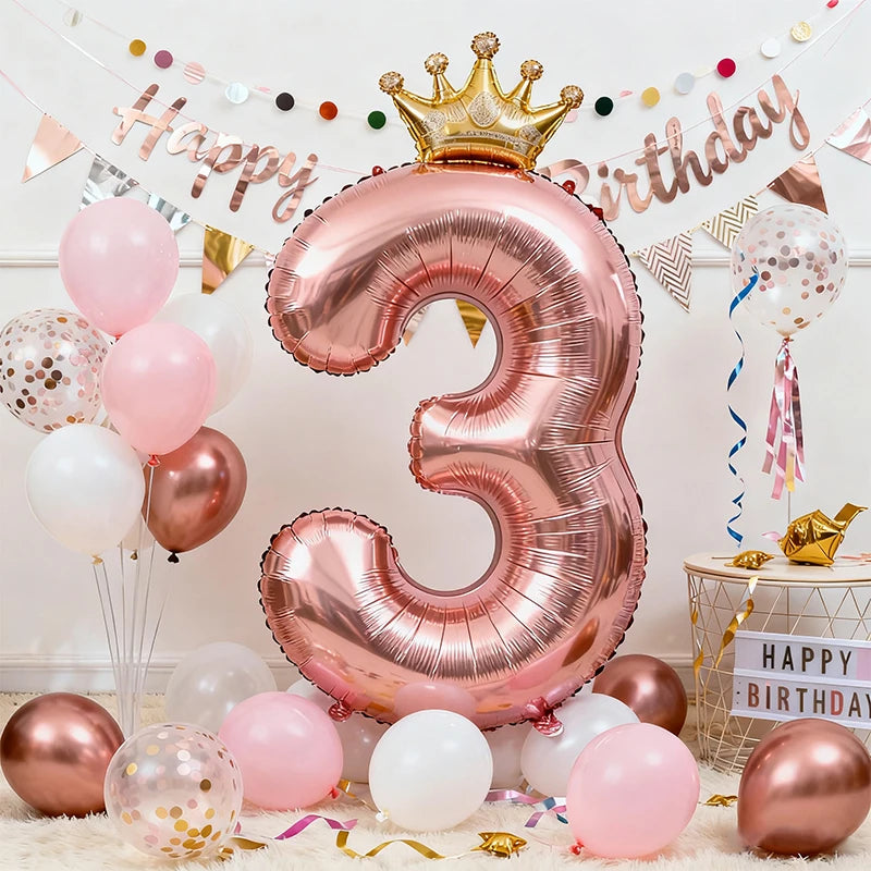 32Inch Rose Gold Crown Number Foil Balloons - Princess Birthday Party Decorations for Wedding Xmas Anniversary Celebration (