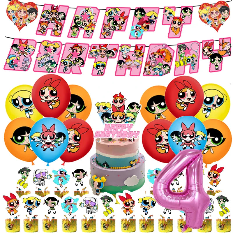 Cartoon Powerpuff Girls 1-9th Birthday Party Balloon Decoration Kit Number Foil Balloon Cake Topper Baby Shower Favors Globos
