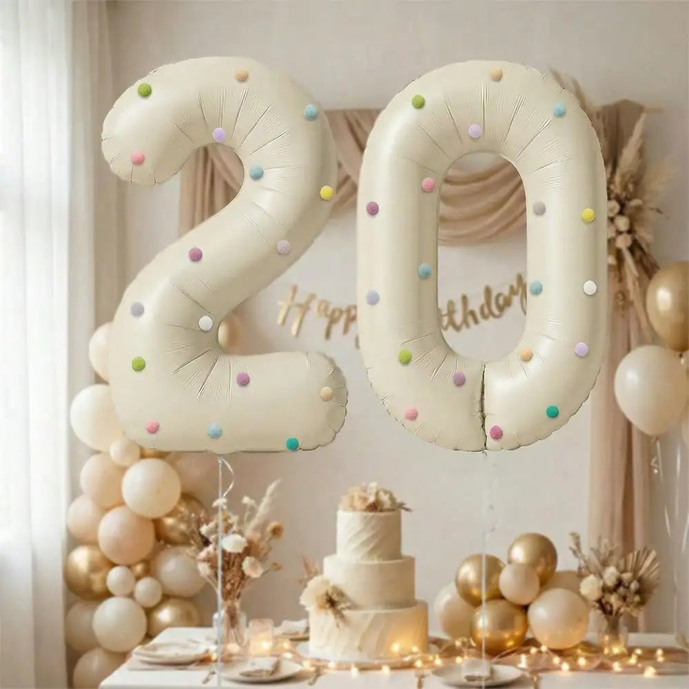 32 Inch Aluminum Foil Balloons, Milky White Numbers 0-9 for Birthday Party Decoration, 20 Plush Balls for Celebrating Birthdays