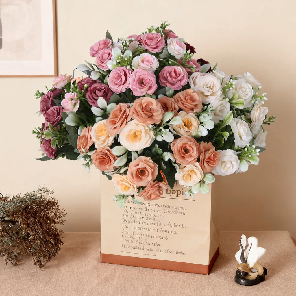 Artificial Rose Bouquet, 9 Heads Fake Silk Flowers, Wedding Party Home Decor, DIY Floral Arrangement, Faux Roses for Vase, Brida
