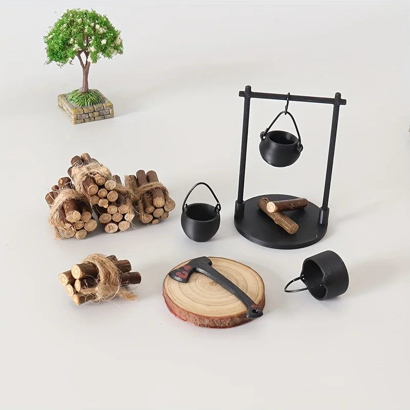 Mini Campfire and Teapot Miniature Statue Ornament Home Kitchen DIY Craft Accessories Desktop Photo Props Decor Christmas Gifts