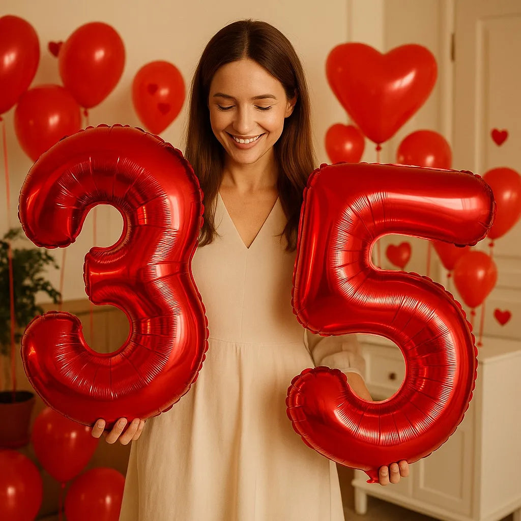 32INCH Red Number Foil Balloons for Birthday Anniversary Party Decor, Large Family Celebration Photo Backdrop Decoration Set