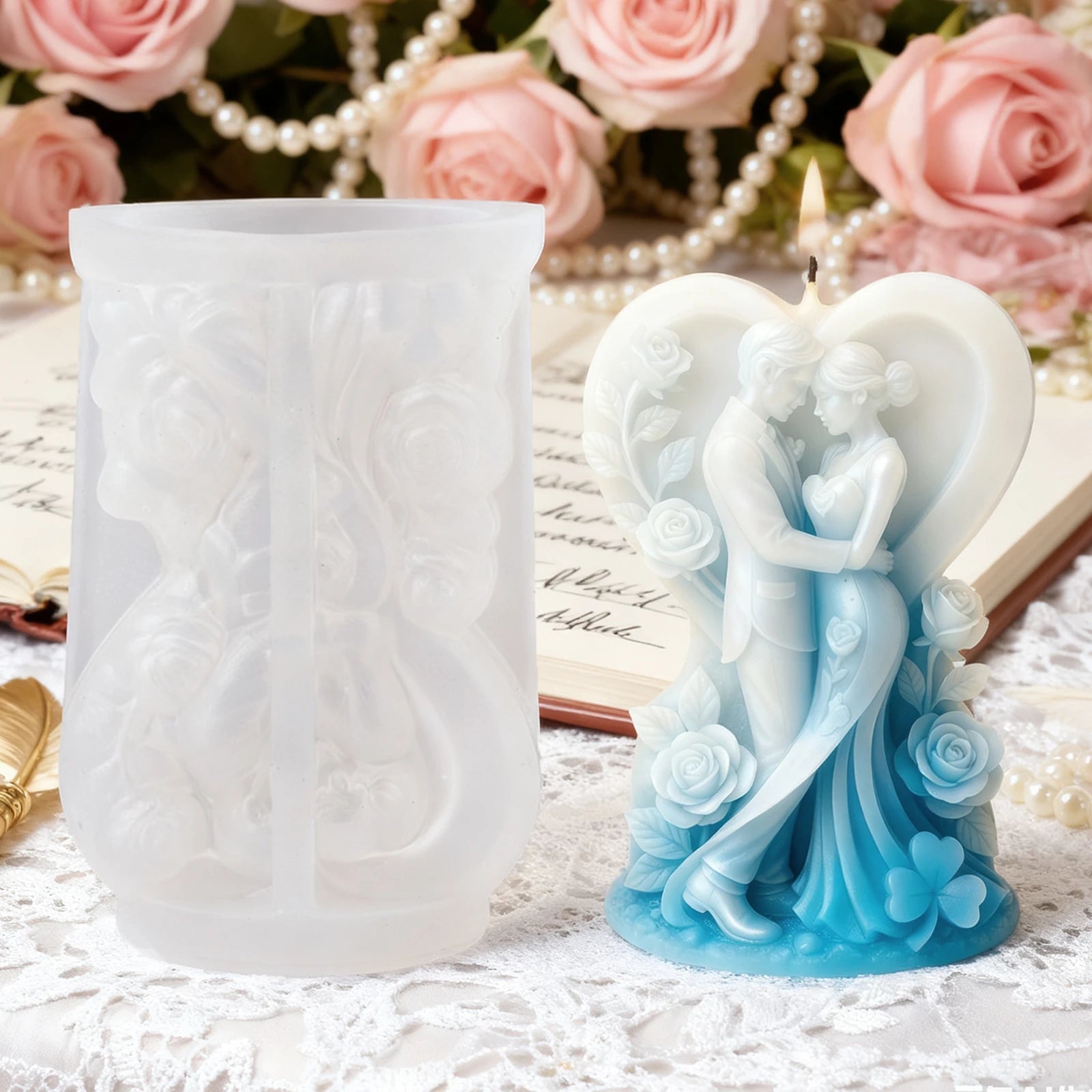 Heart-shaped couple rose candle mold, wedding dress relief DIY wedding scented candles, creating a romantic corner for your wedd