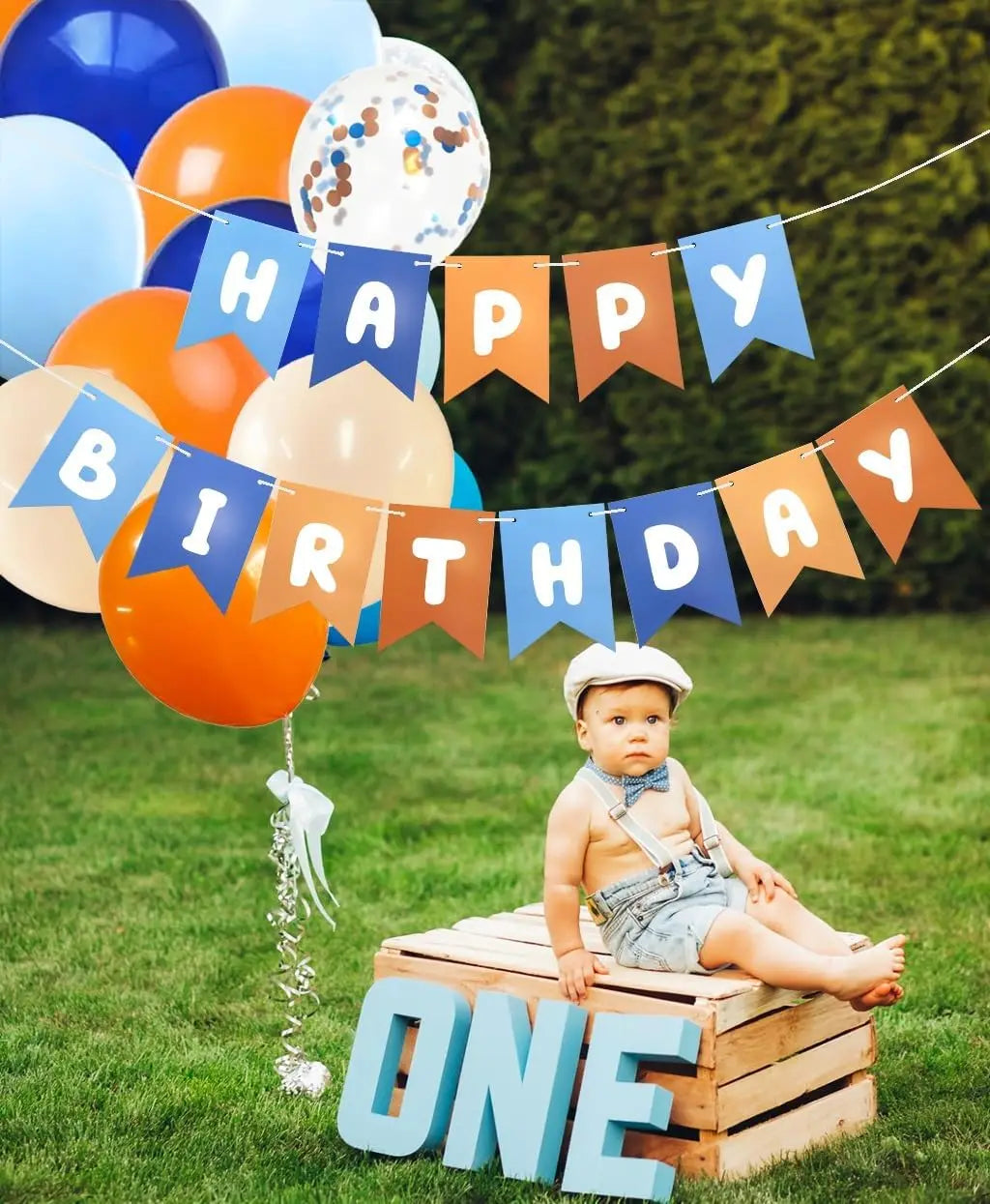 Blue and Orange Happy Birthday Banner Children's Celebration Bunting Banner Blue Orange Birthday Party Decoration Cartoon Theme