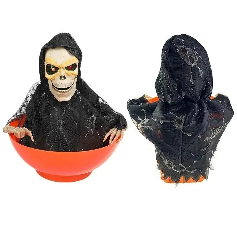 Halloween Skeleton Hand Candy Bowl with Light Up Red Eyes Spooky Sound Effects for Haunted House Party Decoration  ﻿