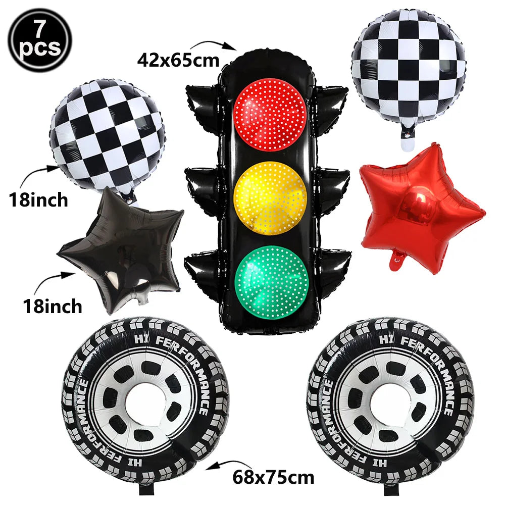 Racing Car Balloon Traffic Cone Balloon Tire Wheel Balloons Black White Checkered Race car Theme Kids Birthday party Decorations