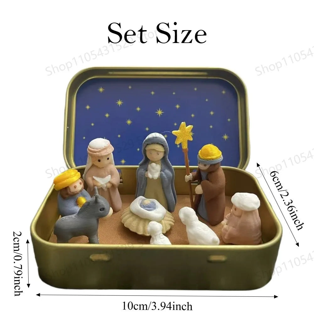 Christmas Nativity Scene Figurines in Metal Tin Box Mini Jesus Birth Set Religious Xmas Gift for Home Table Decor