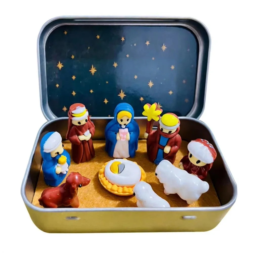 PVC Christmas Nativity Set Mini Size Horse Trough Design Nativity Figurine Set Tin Box Packaging Miniature Scene Figurine