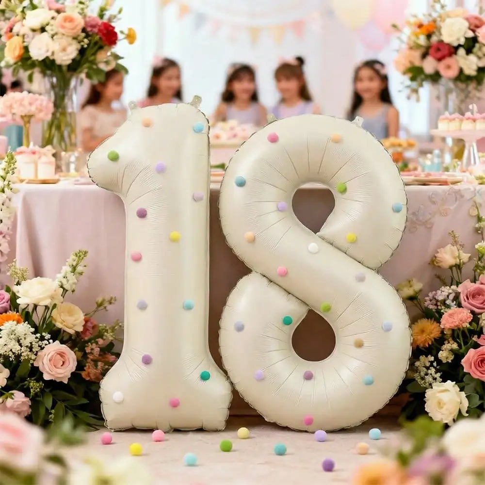 32 Inch Aluminum Foil Balloons, Milky White Numbers 0-9 for Birthday Party Decoration, 20 Plush Balls for Celebrating Birthdays