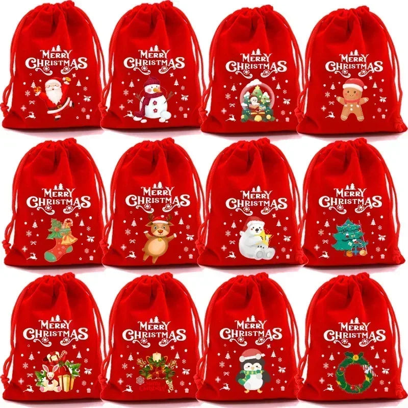 Christmas Velvet Bags Advent Calendar Xmas Gift Bags 9x12 15x20cm Drawstring Pouch Xmas Candy Jewelry Packaging Bags
