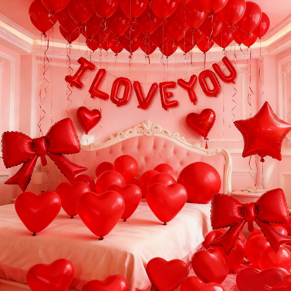 57 Pcs I LOVE YOU Balloon Set with Red Bow Star Aluminum Balloon Valentine's Day Wedding Anniversary Birthday Party Decoration