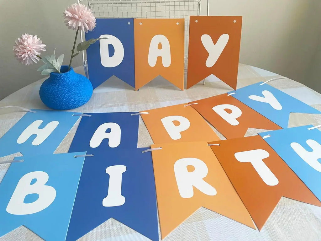 Blue and Orange Happy Birthday Banner Children's Celebration Bunting Banner Blue Orange Birthday Party Decoration Cartoon Theme