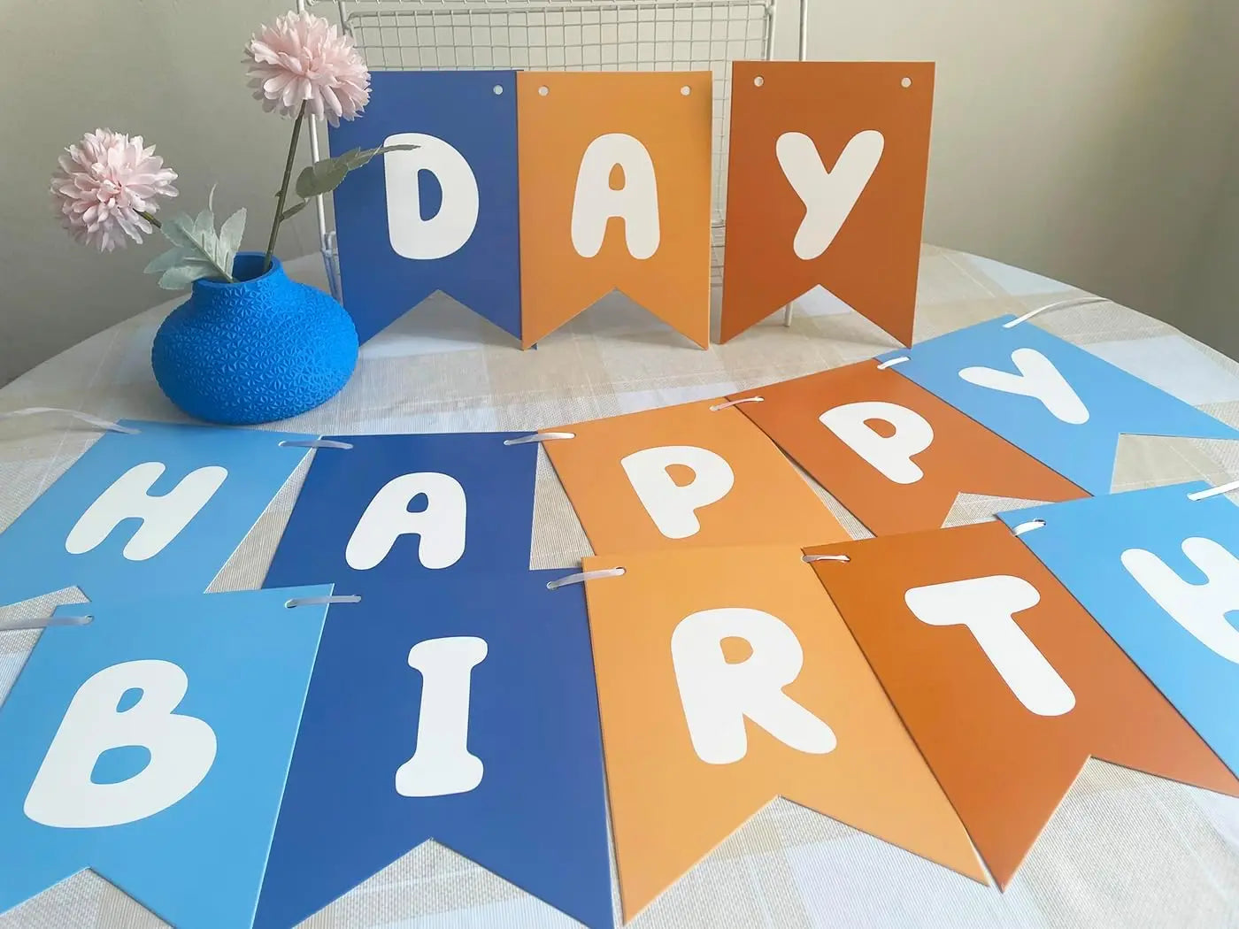 Blue and Orange Happy Birthday Banner Children's Celebration Bunting Banner Blue Orange Birthday Party Decoration Cartoon Theme