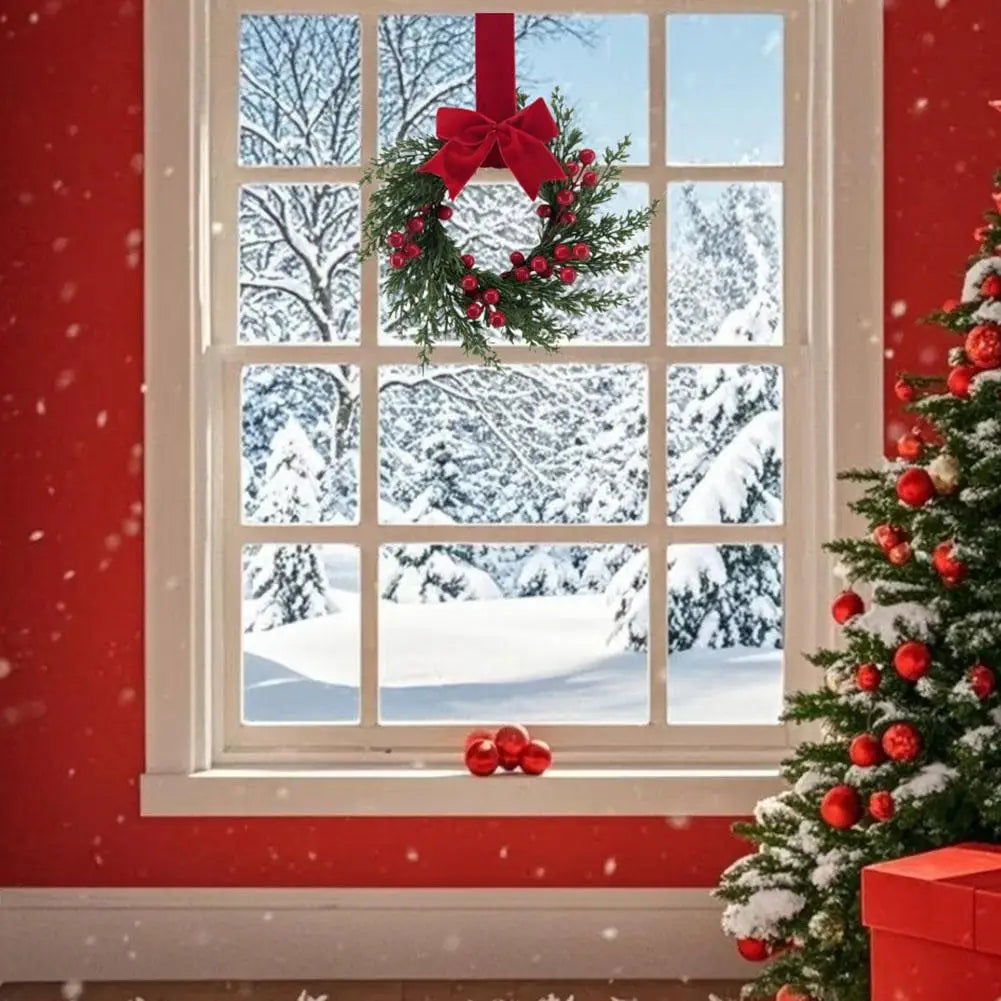Artificial Christmas Wreath 10 Inch Winter Greenery Wreath Front Door Holiday Porch Wall Decor with Red Berries And Velvet Bow